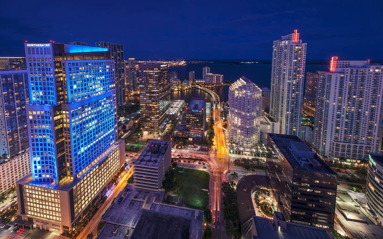 Downtown Miami and Brickell at night with city lights