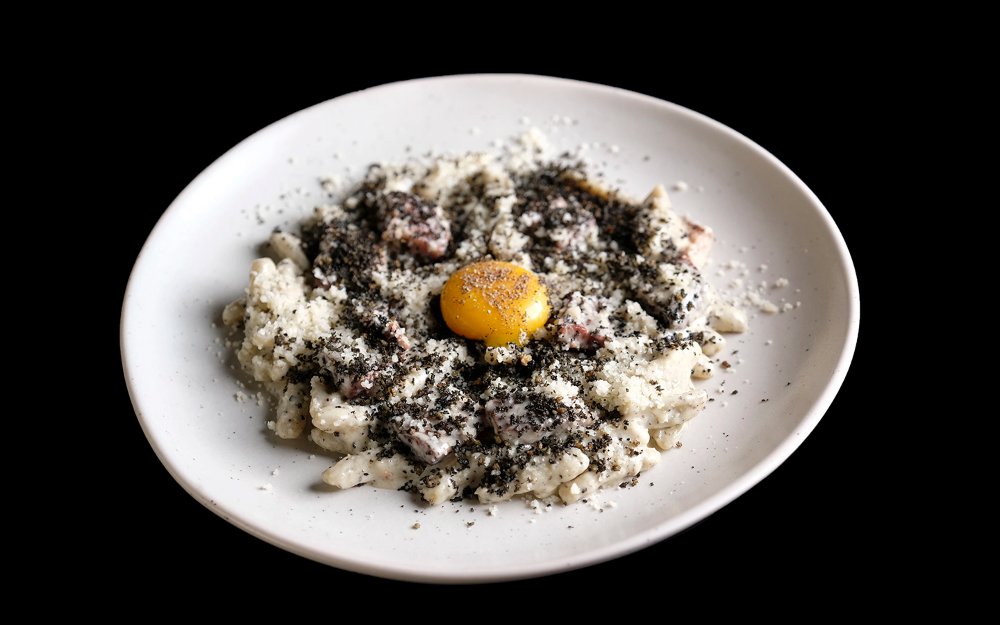 Bucatini Carbona at Eating House, made with egg yolk, breadcrumbs, heritage bacon & black truffle