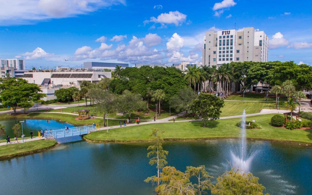 フロリダ国際大学の池と緑地の眺め