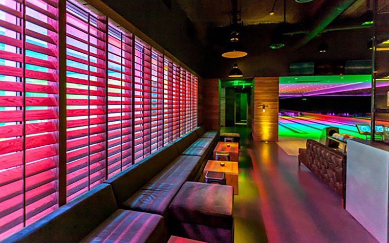 Seating for the bowling lanes in the Basement at Miami Beach EDITION Seating for the bowling lanes in the Basement at Miami Beach EDITION
