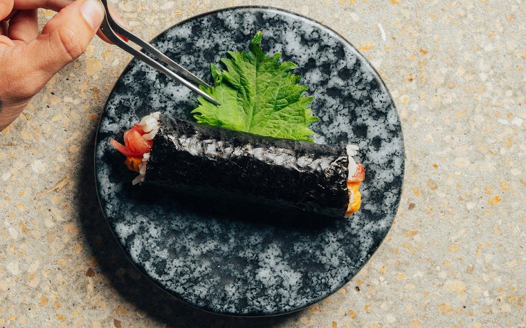 Uni Toro Handroll wrapped in seaweed at Shiso Uni Toro Handroll wrapped in seaweed at Shiso