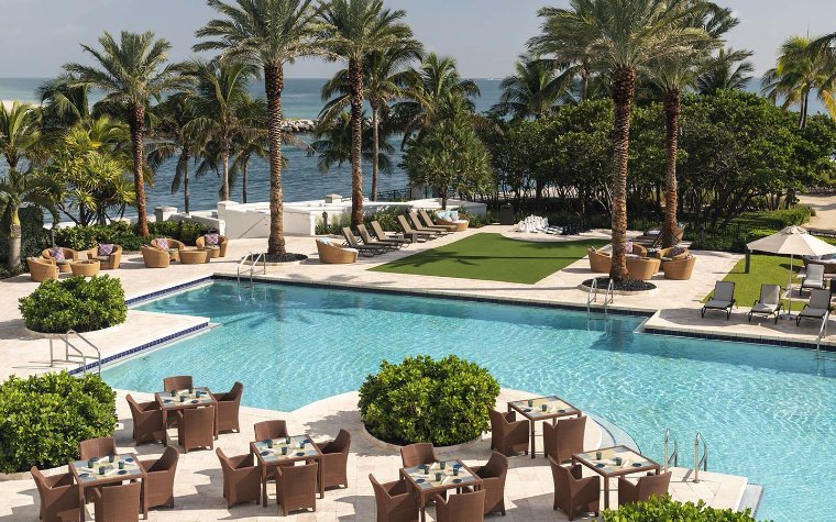 Aerial view of the waterfront and pool area at The Ritz-Carlton Bal Harbour Aerial view of the waterfront and pool area at The Ritz-Carlton Bal Harbour
