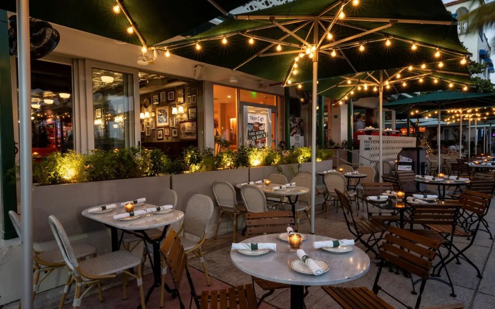 News Café sidewalk seating area at night