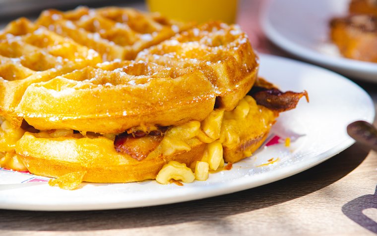Mac and cheese waffle sandwich served at Big Pink Mac and cheese waffle sandwich served at Big Pink
