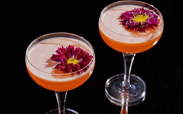 Bebidas con acentos florales en vasos transparentes.
