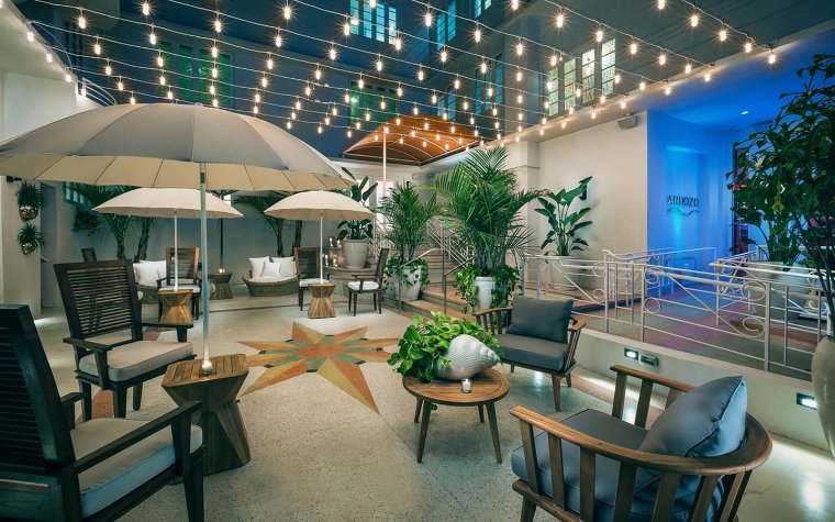 Courtyard at Cardozo Hotel with stylish seating and lush greenery
