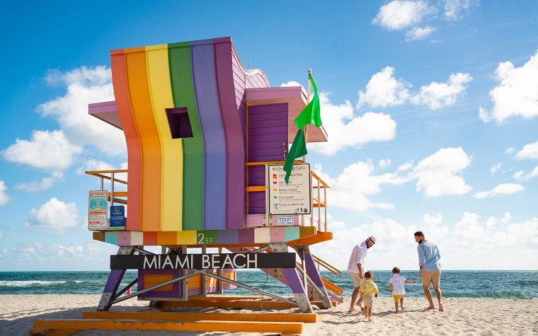 Rainbow-painted lifeguard stand on Miami Beach
