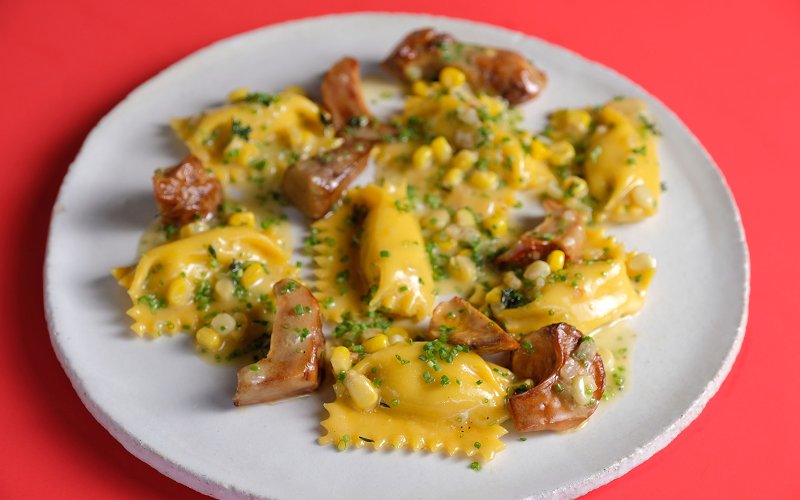 Plate of Sweet Corn Agnolotti, served at Boia De.