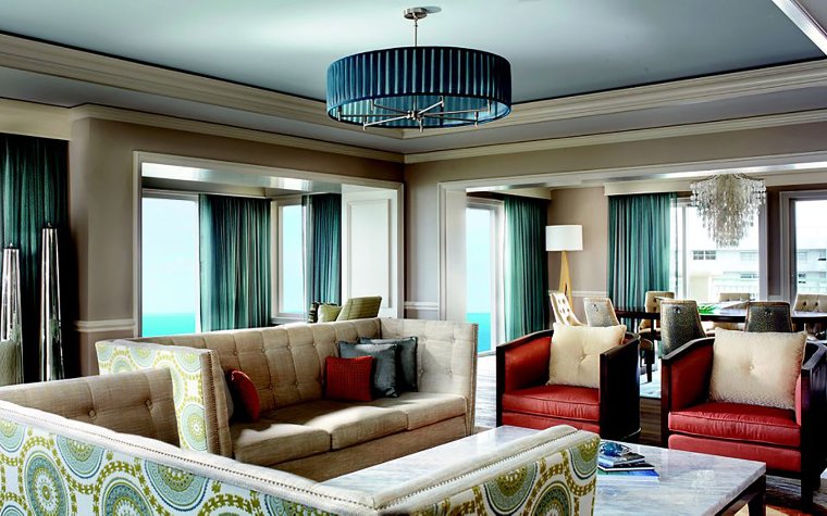 Chic tropical living room space in The Ritz-Carlton, Key Biscayne's Presidential Suite Chic tropical living room space in The Ritz-Carlton, Key Biscayne's Presidential Suite