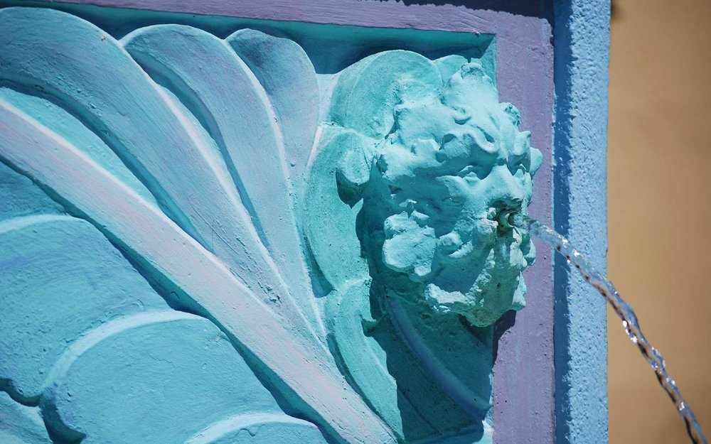 Architectural detail of fountain on boutique hotel in South Beach