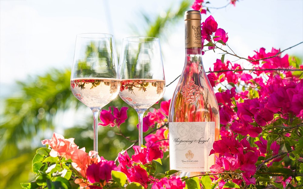Bottle of Whispering Angel Rosé and glasses