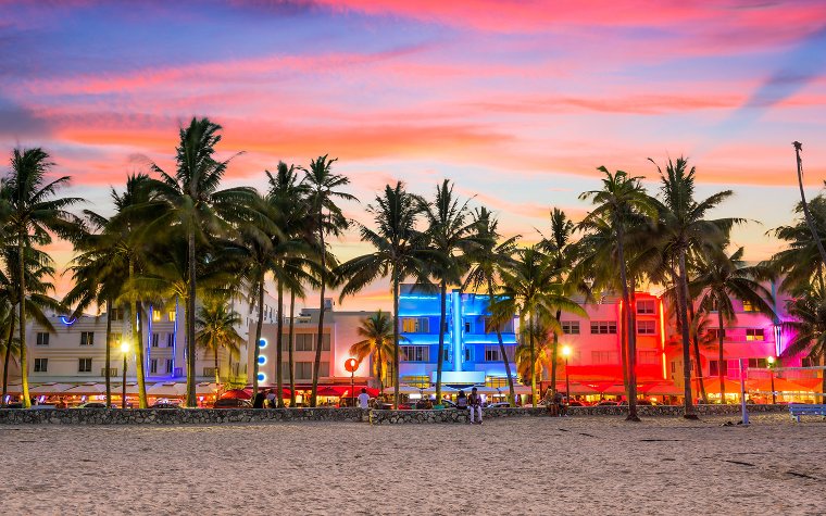 Ocean Drive building facade in neon lights
