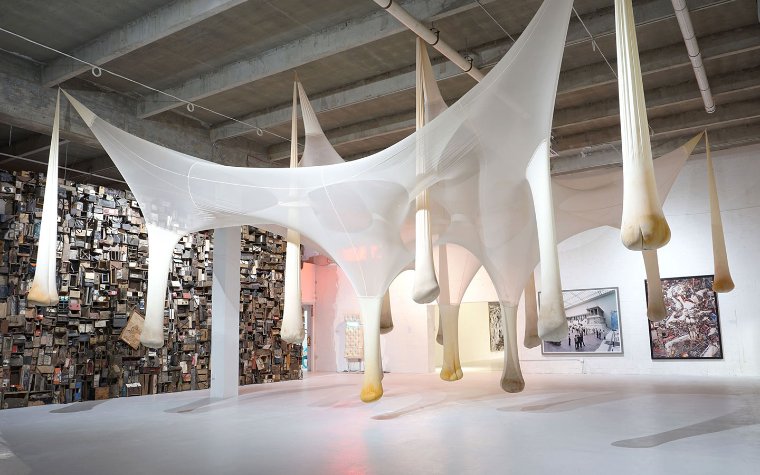 Ernesto Neto, É ô Bicho! at The Margulies Collection at the Warehouse Hanging teeth sculpture by Ernesto Neto, É ô Bicho!