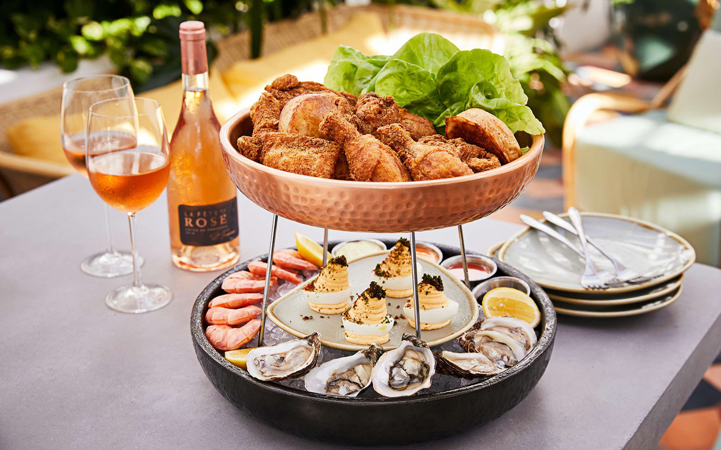 Red Rooster's tower with fried chicken, seafood and deviled eggs Red Rooster's tower with fried chicken, seafood and deviled eggs
