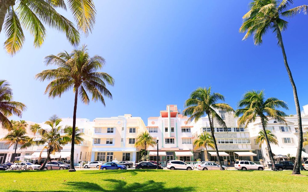 View of Art Deco hotels on Ocean Drive from Lummus Park