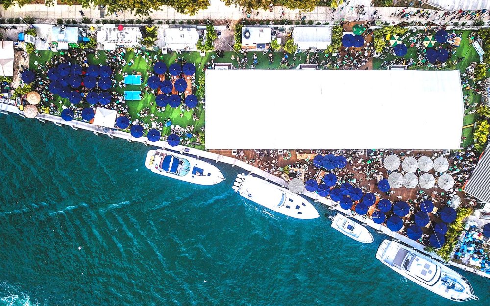 Aerial view of The Wharf and boats docked there