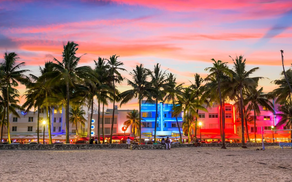 Ocean Drive's Art Deco hotels with glowing neon lights