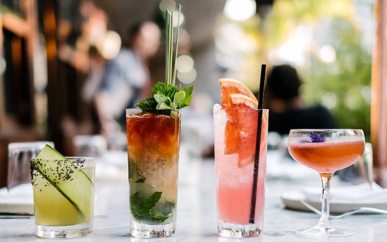 Colorful variety of cocktails in glasses