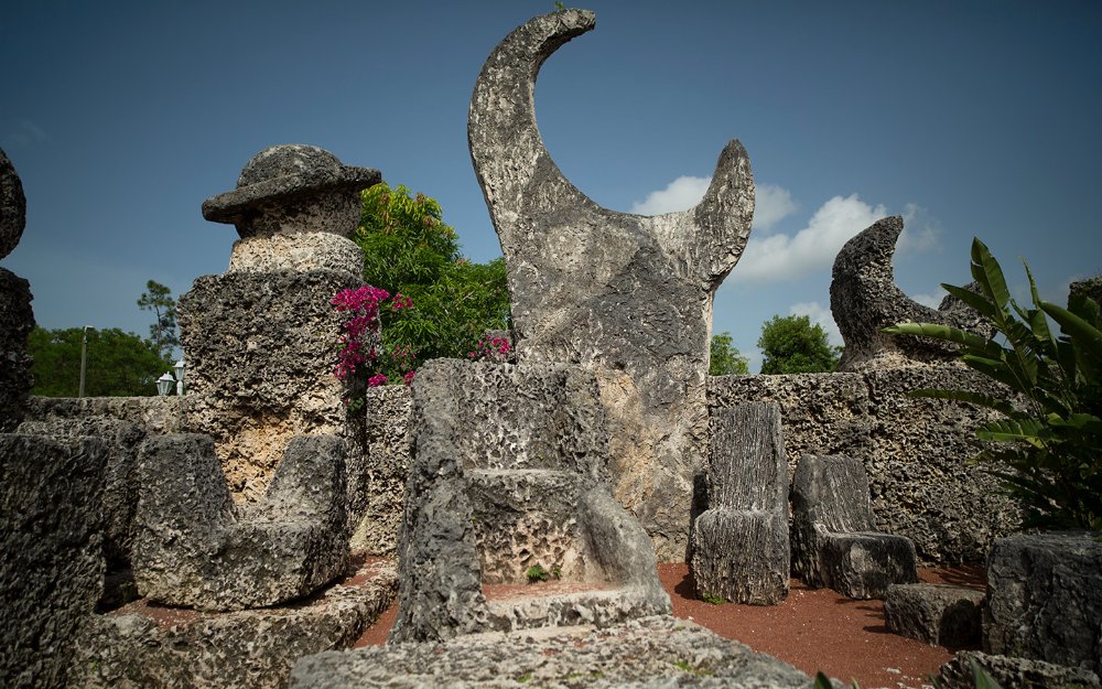Hand-carved coral obelisk and chairs at Coral Castle Museum