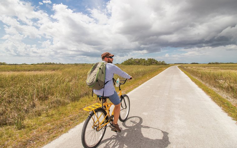 Man biking on the paved loop road at Shark Valley Biking in the Everglades
