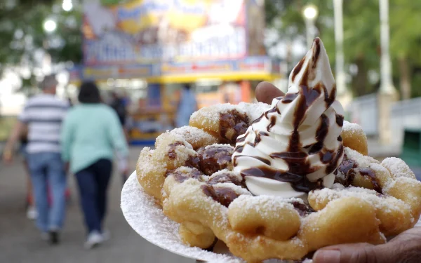 Funnel cake topped with ice cream and chocolate syrup