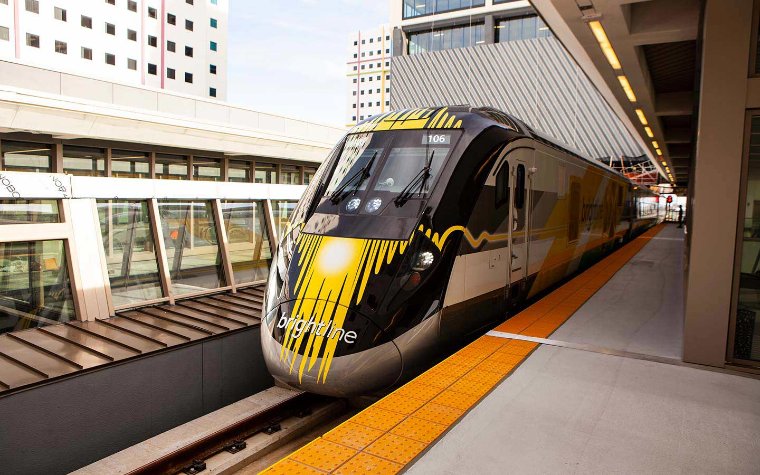 Front of the Brightline train on the track Front of the Brightline train on the track